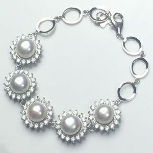 925 Silver Freshwater Pearl CZ Crystal Bracelet